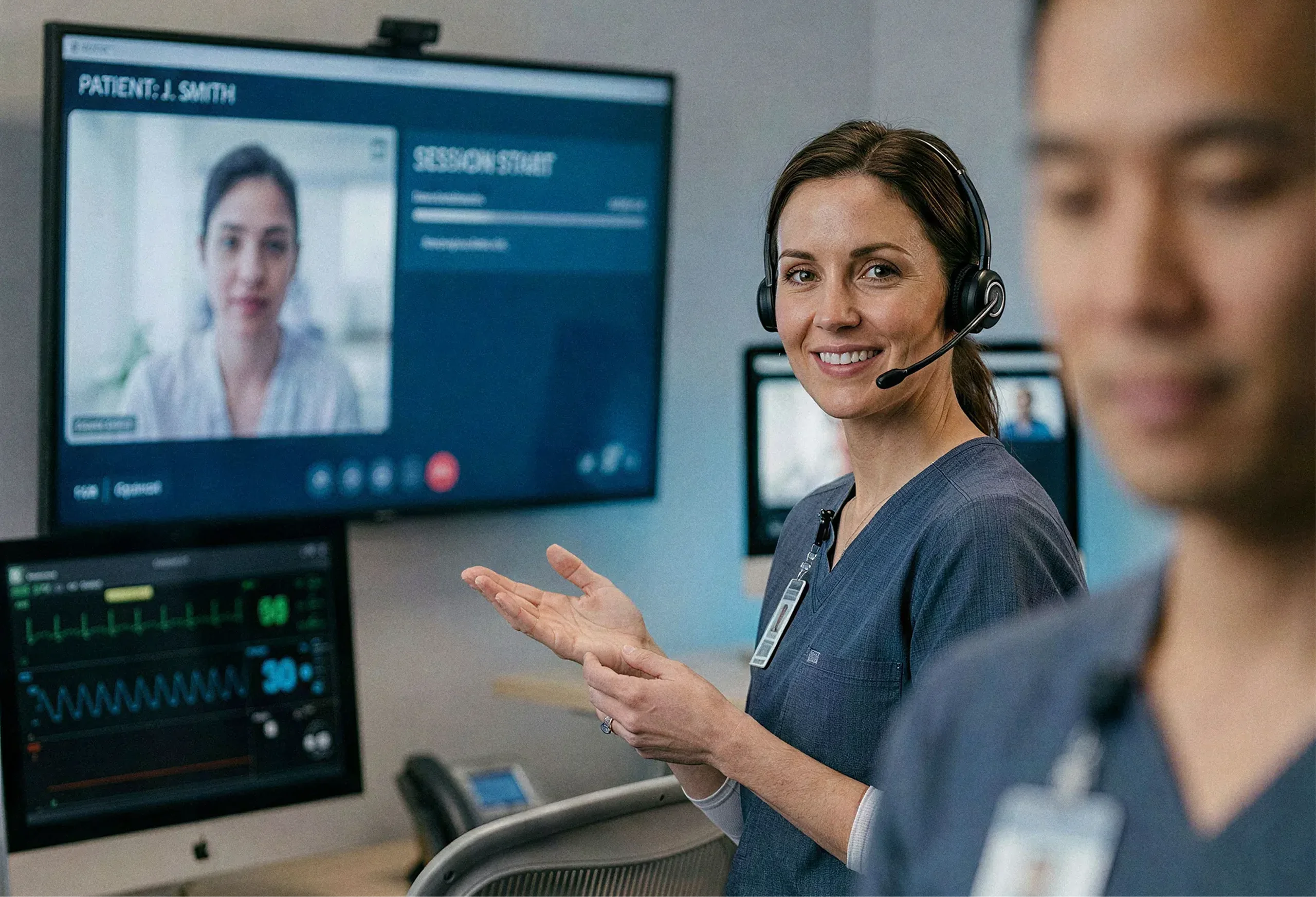 MediVera telehealth nurse in scrubs wearing a headset at a patient consultation console