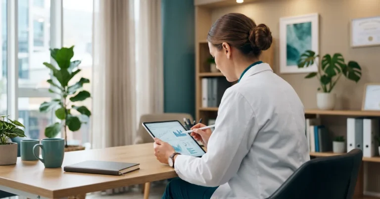 Pharmacist and healthcare provider reviewing a prescription together at a pharmacy counter in a bright, modern setting