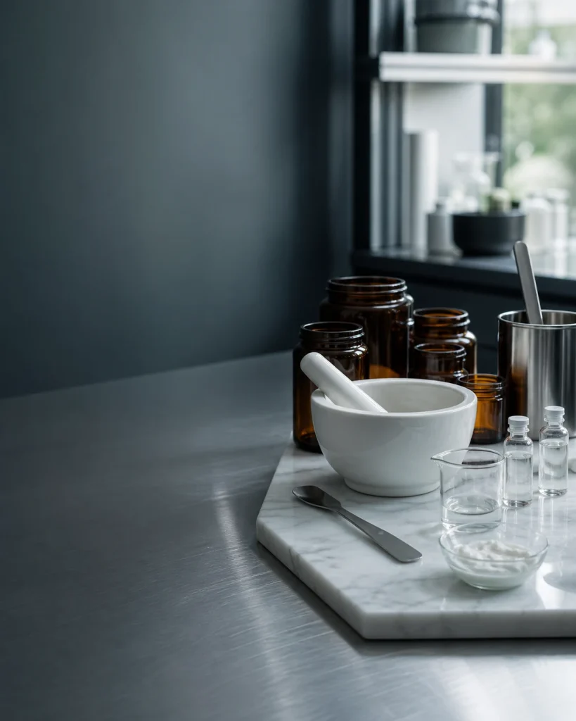 Dermatology compounding tools and unlabeled containers arranged on a clean laboratory workbench.