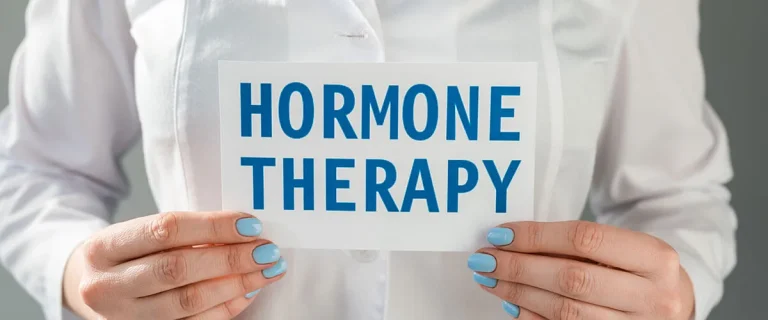 A person holding a sign reading "HORMONE THERAPY."