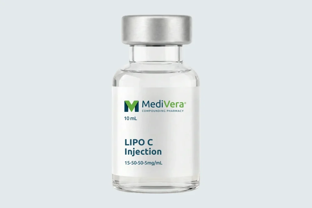 Labeled MediVera Lipo-C injection vial on a pale cool-gray studio background