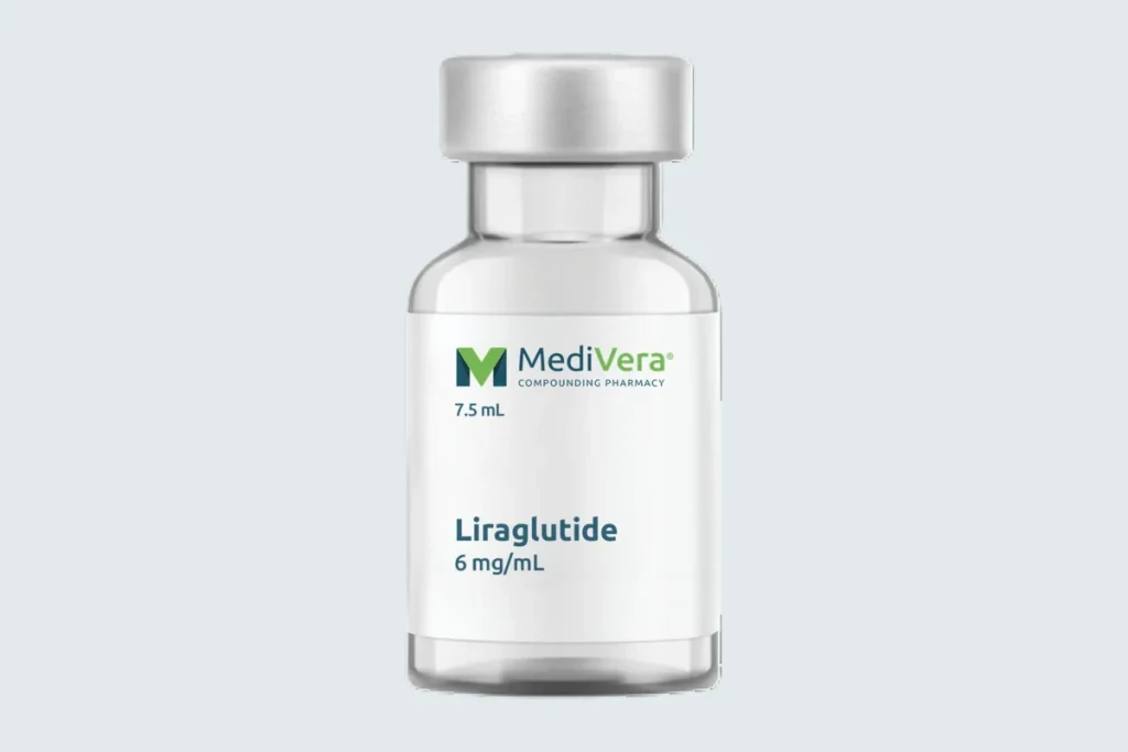 Labeled MediVera liraglutide injection vial on a pale cool-gray studio background
