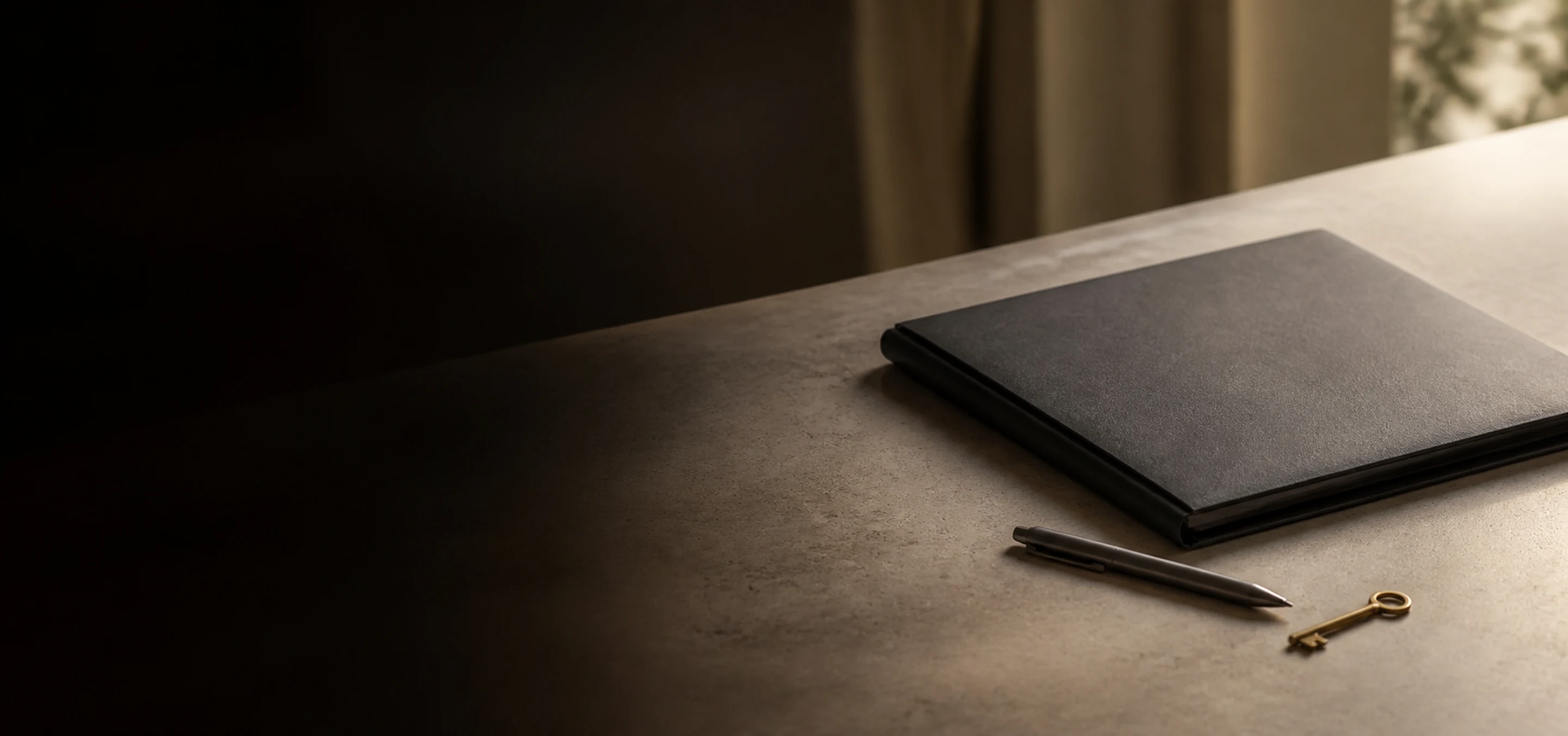 A closed portfolio, pen, and brass key resting on a softly lit stone surface.