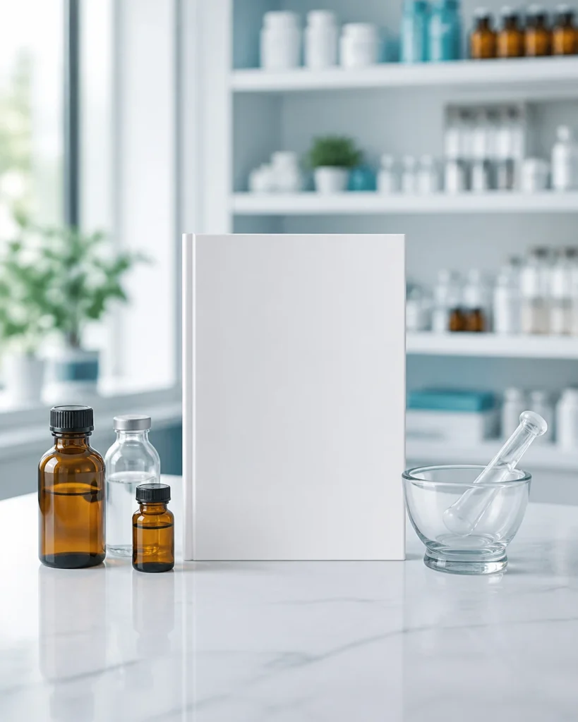 Compounding pharmacy product catalog with pharmacy vials and mortar and pestle