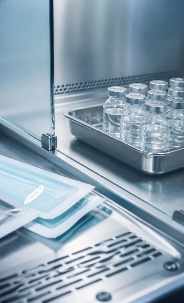 Sterile vials arranged on a tray beside a laminar-flow hood in a compounding cleanroom
