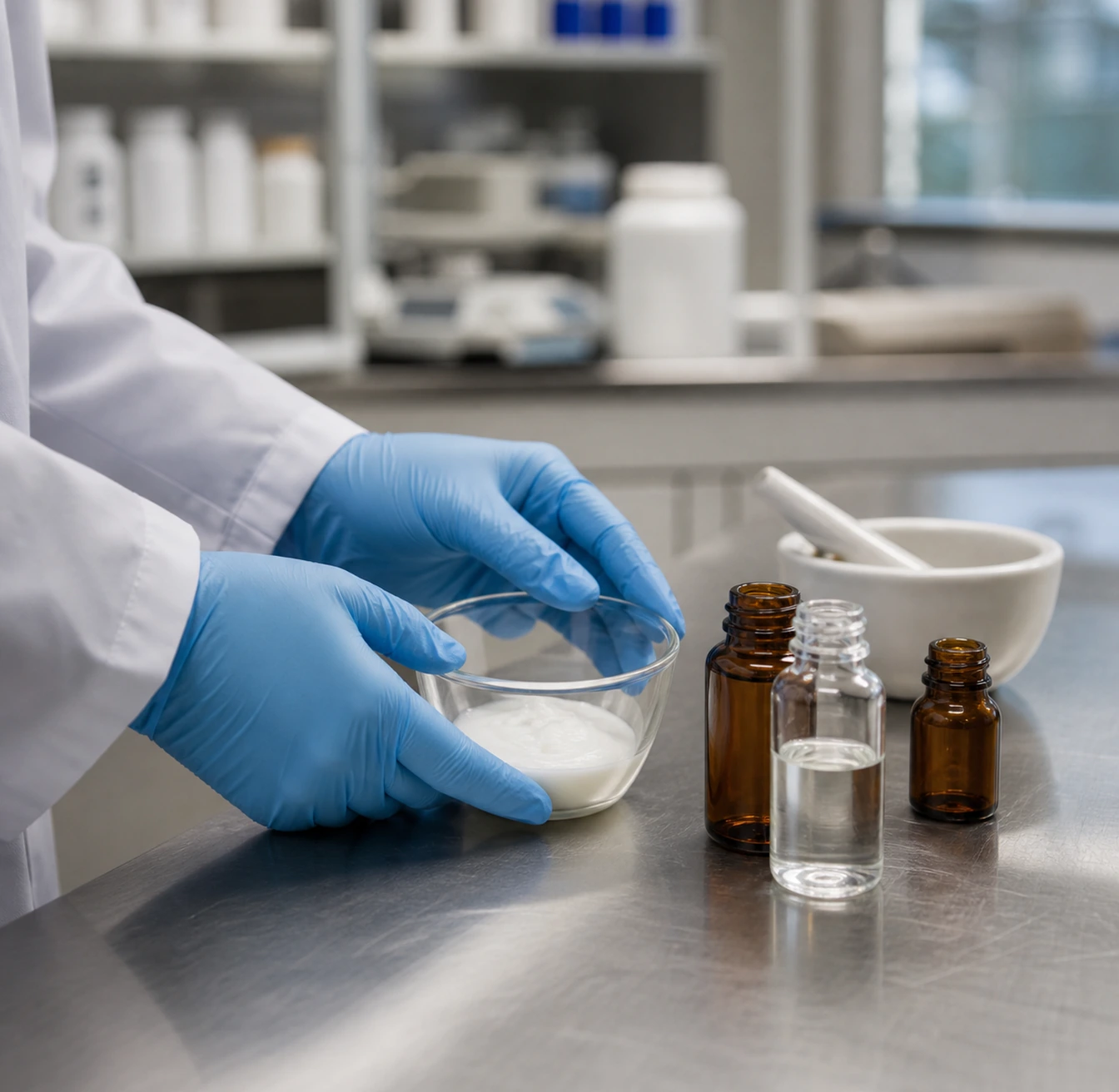 A pharmacist's gloved hands arrange unlabeled vials and a compounded preparation on a stainless-steel workbench.