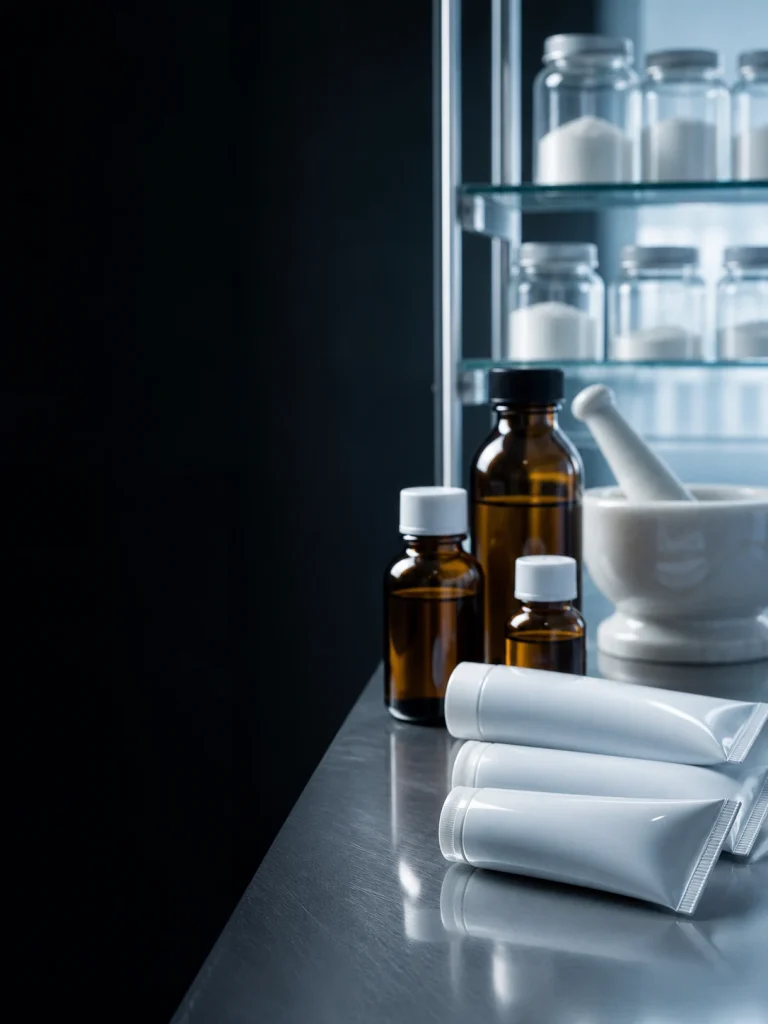 Compounded hormone therapy cream tubes and amber bottles on a steel laboratory bench