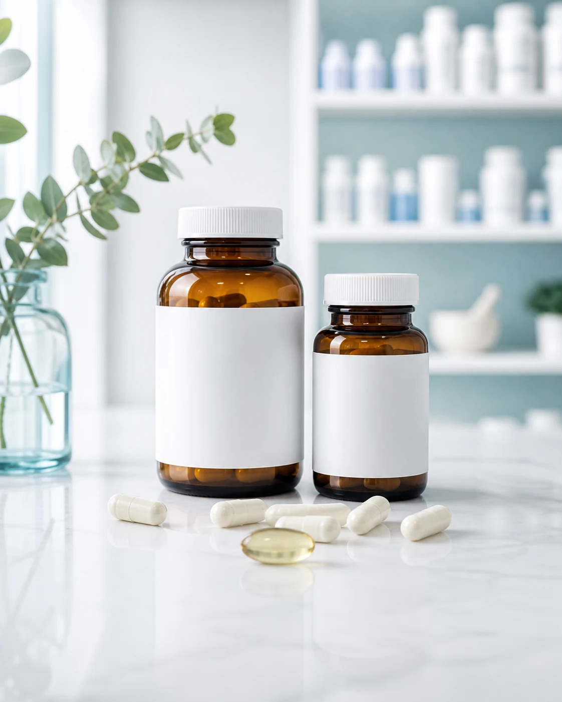 Professional-grade supplement bottles and capsules