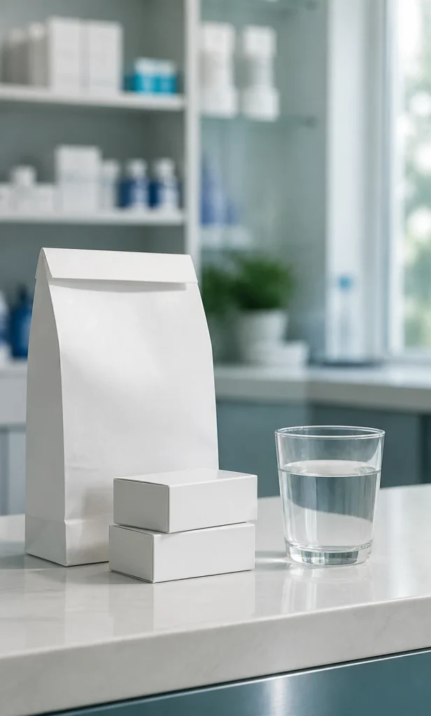 A prepared prescription and a glass of water on a pharmacy counter