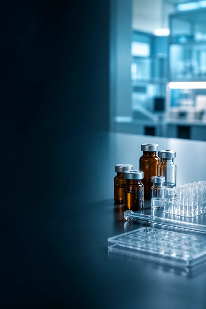 Sterile compounding vials and laboratory glassware arranged on a clean pharmacy workbench