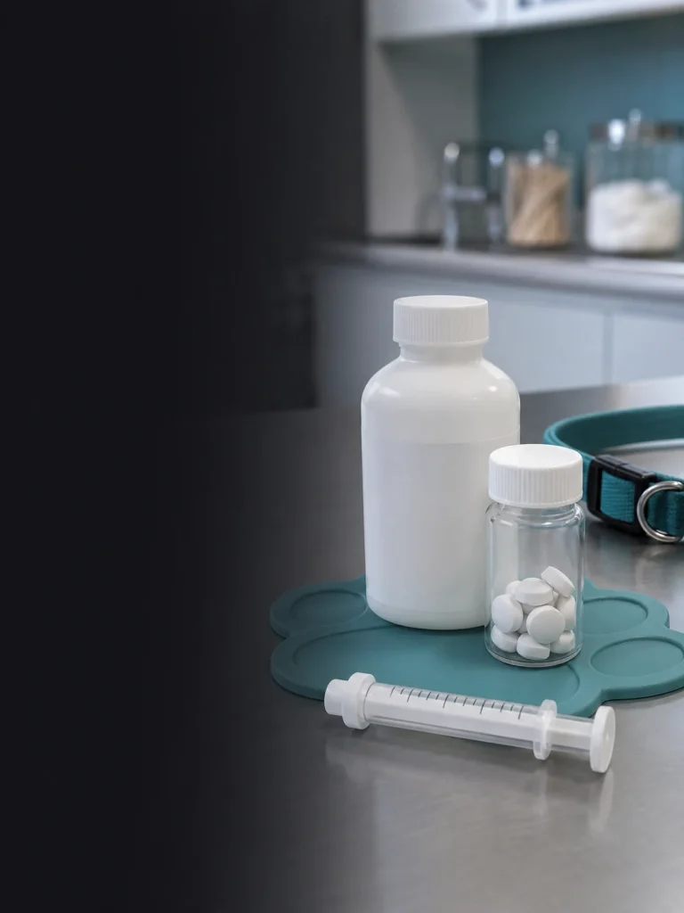Compounded veterinary suspension bottle, oral dosing syringe and pill vial on a clinic counter