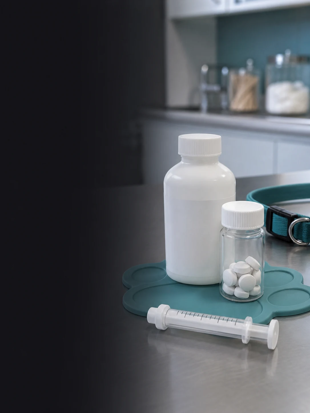 Compounded veterinary suspension bottle, oral dosing syringe and pill vial on a clinic counter