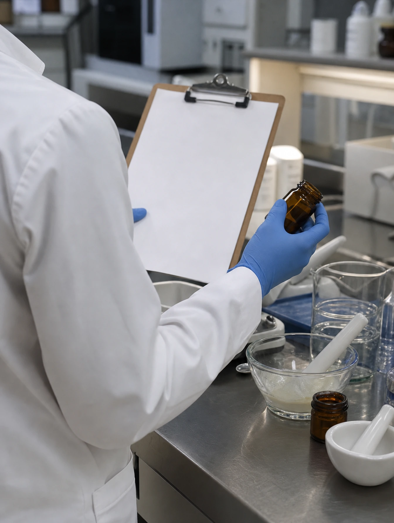 A pharmacist reviews a blank prescription document while examining an unlabeled vial at a compounding bench.