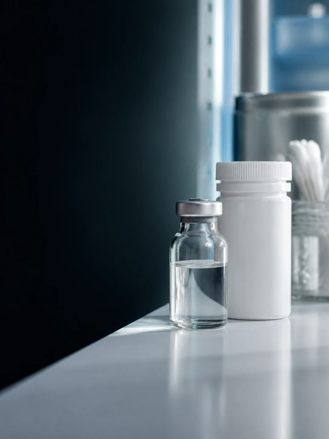 Compounded weight-management vials and a prescription bottle on a pale laboratory surface