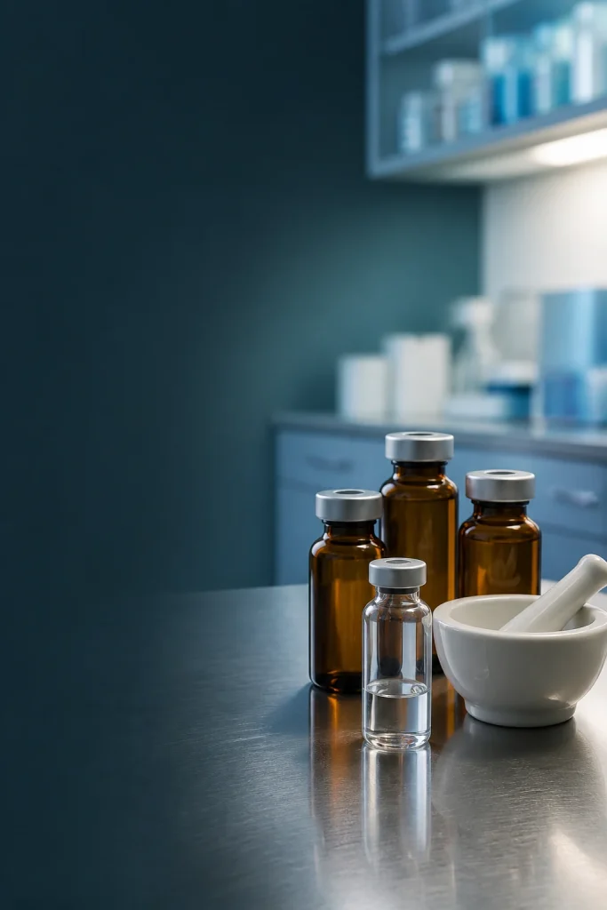 Unlabeled amber and clear compounding vials beside a mortar and pestle in a pharmacy laboratory.