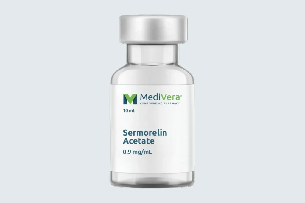 Labeled MediVera sermorelin acetate injection vial on a pale cool-gray studio background
